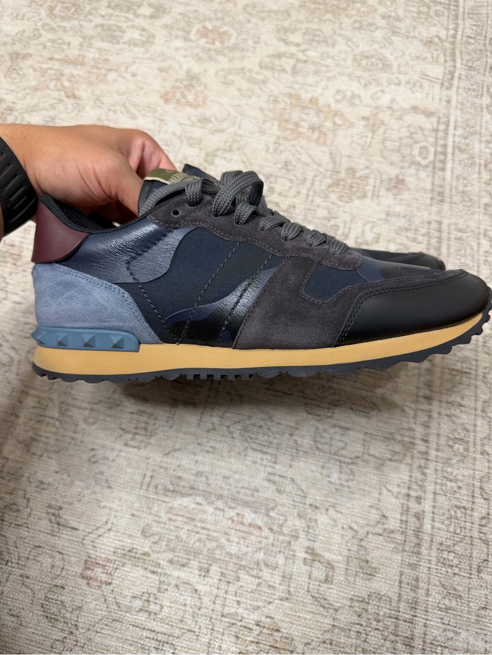Valentino Garavani Gray & Black Men's Runner Sneakers with Tan Midsole